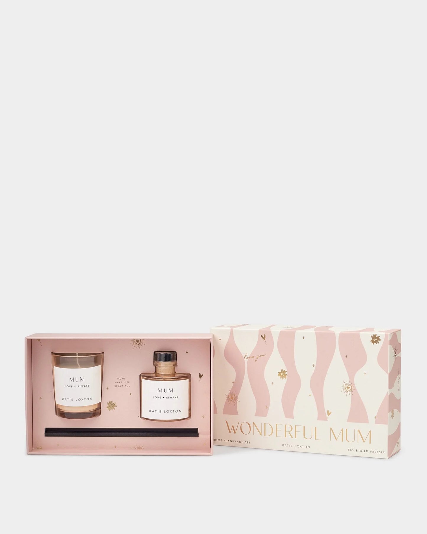 Gift set with a candle and perfume bottle in a 'Wonderful Mum' box on a white background