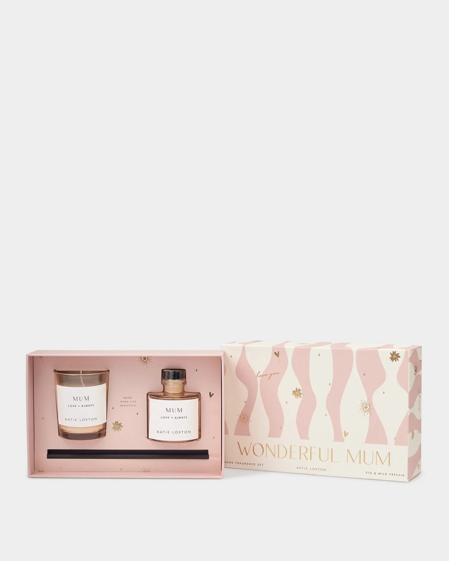 Gift set with a candle and perfume bottle in a 'Wonderful Mum' box on a white background
