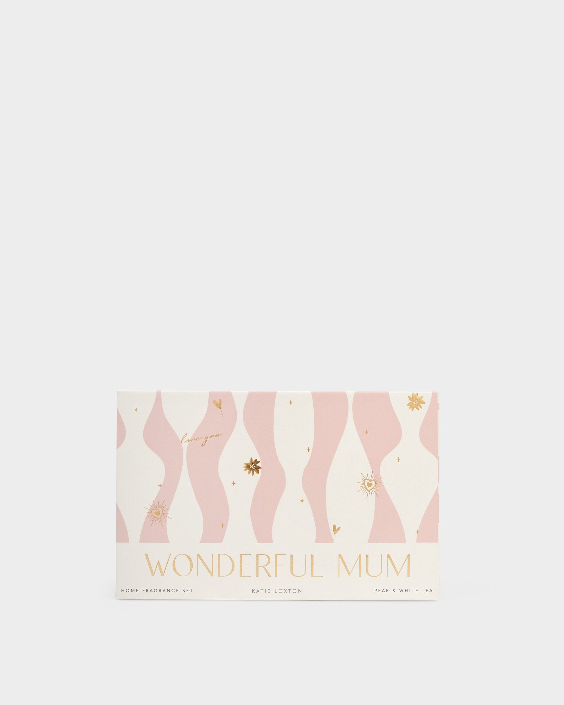 Greeting card with 'Wonderful Mum' text and pink illustrations on a white background