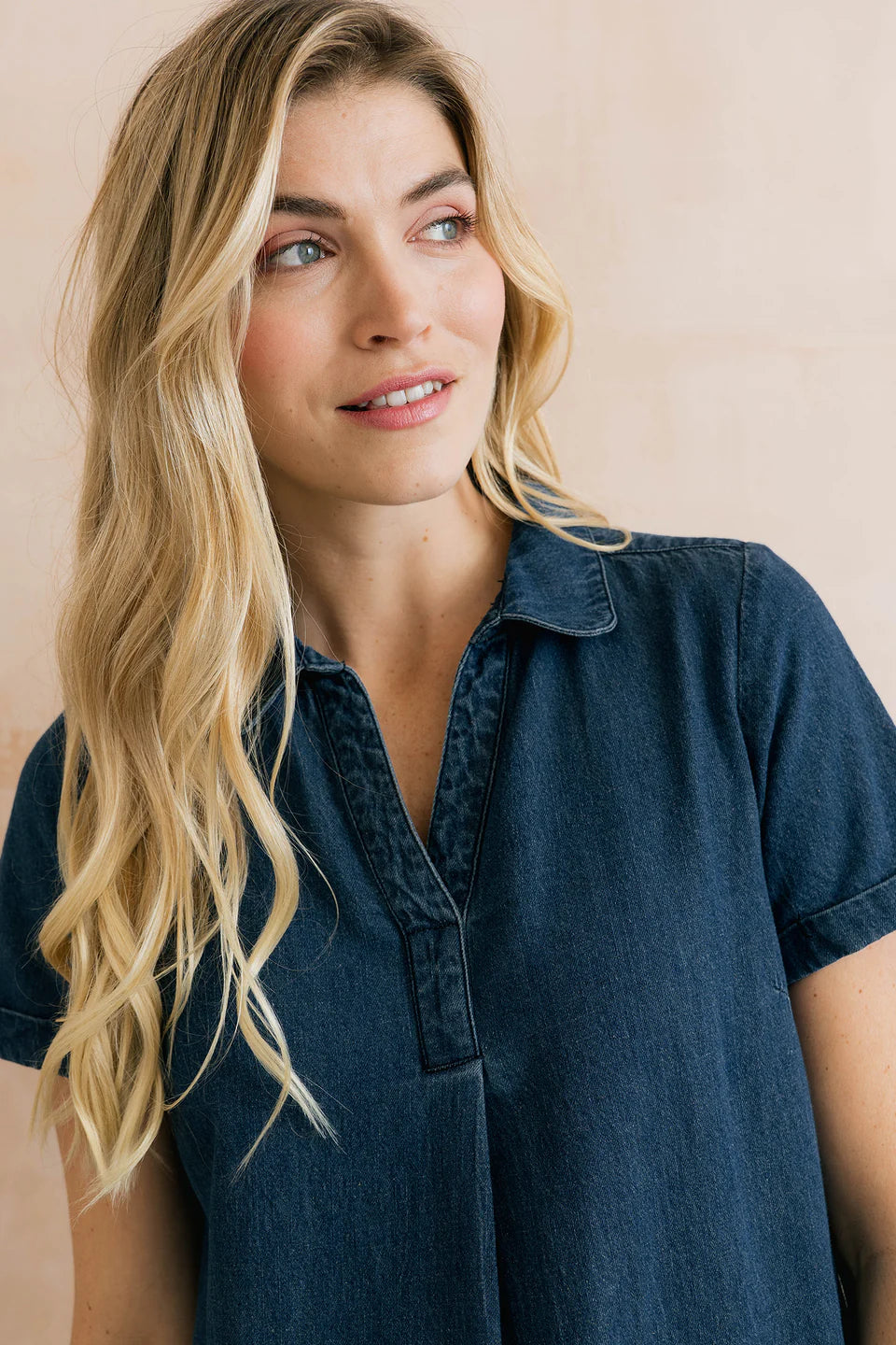 Lily & Me | Lavender Short Sleeve Collared V-Neck Denim Dress