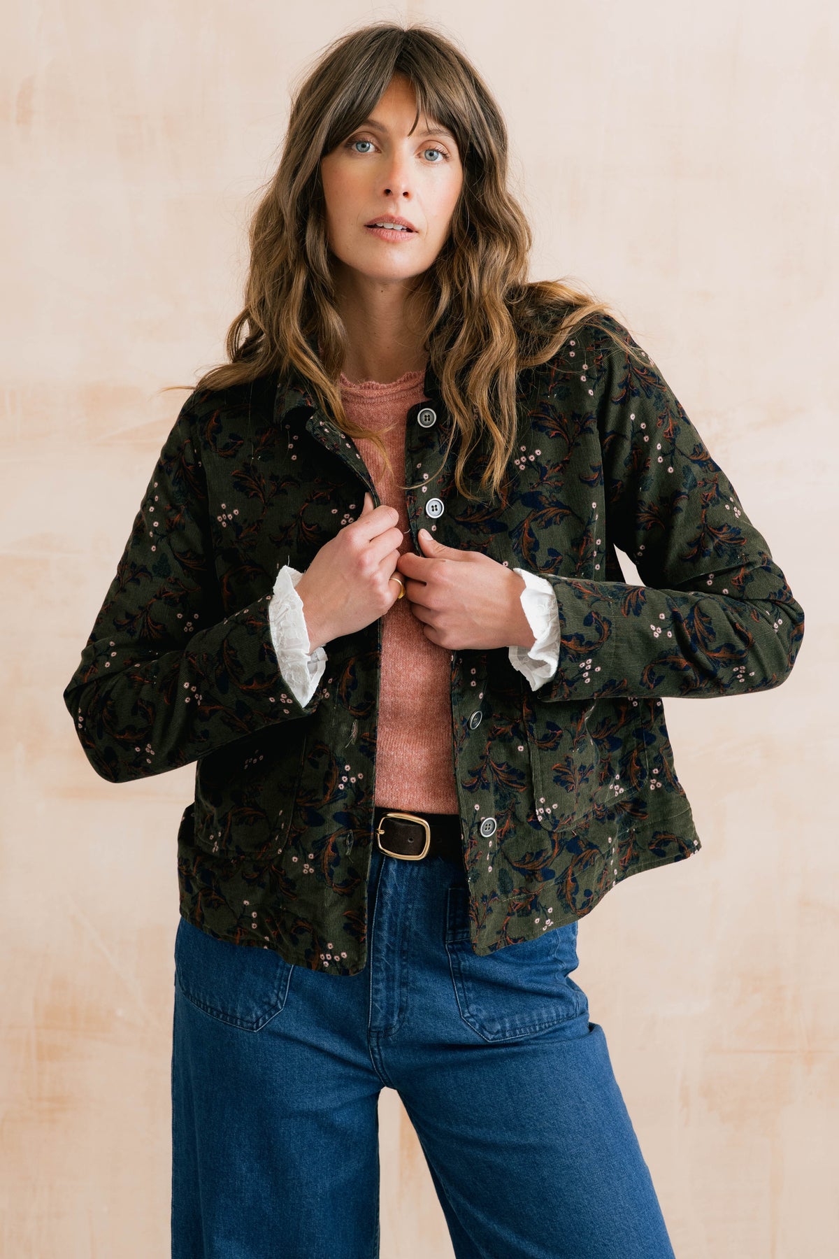 Lily & Me | Ash Cotton Pincord Jacket | Olive Trailing Leaves