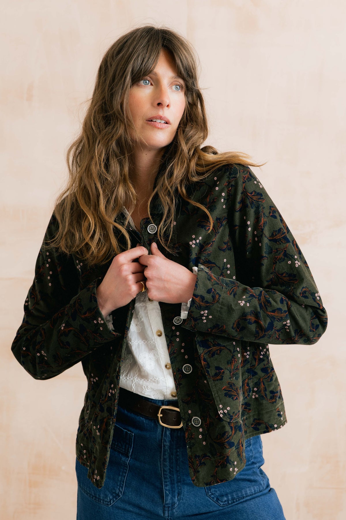 Lily & Me | Ash Cotton Pincord Jacket | Olive Trailing Leaves