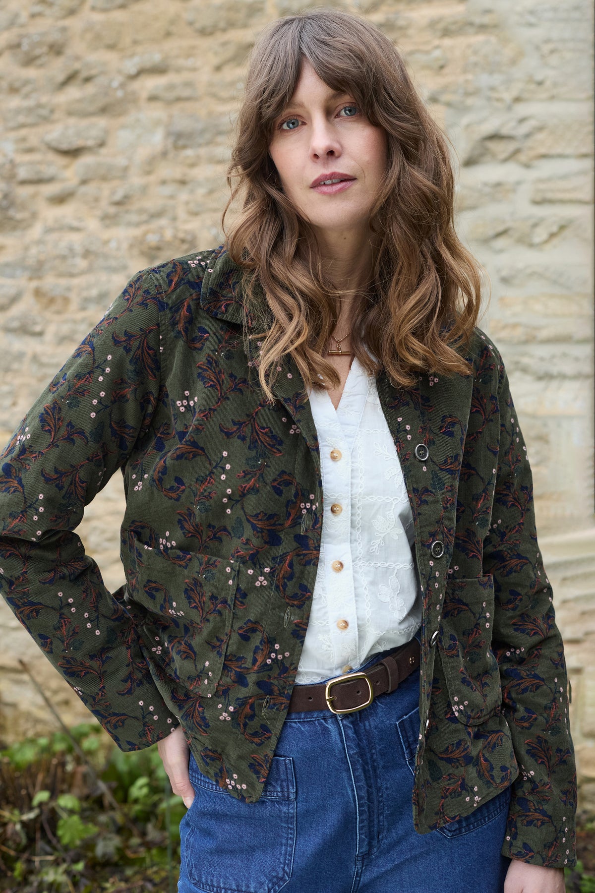Lily & Me | Ash Cotton Pincord Jacket | Olive Trailing Leaves