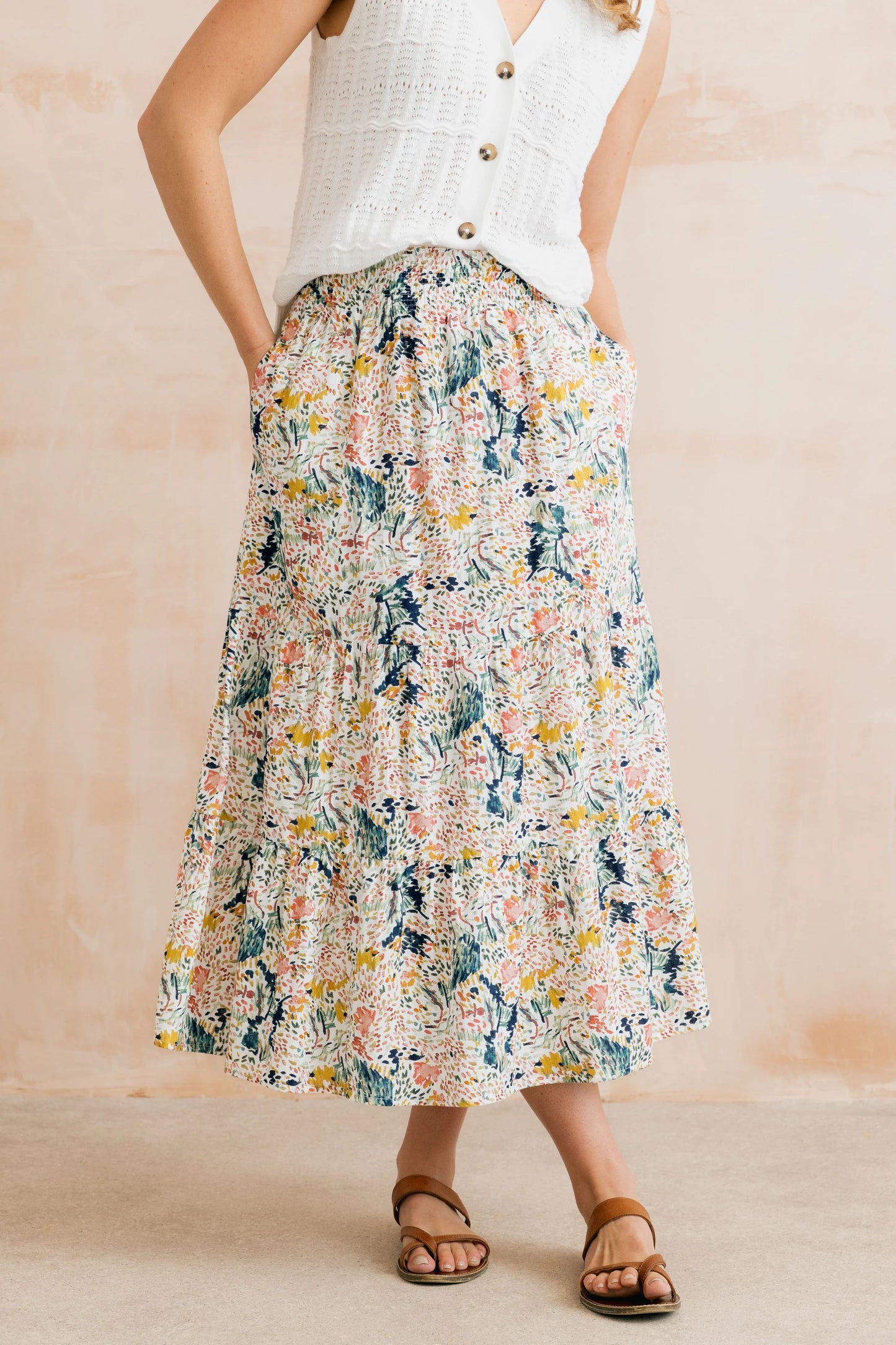 Lily & Me | Evie Organic Cotton Ditsy Printed Midi Skirt | Ecru