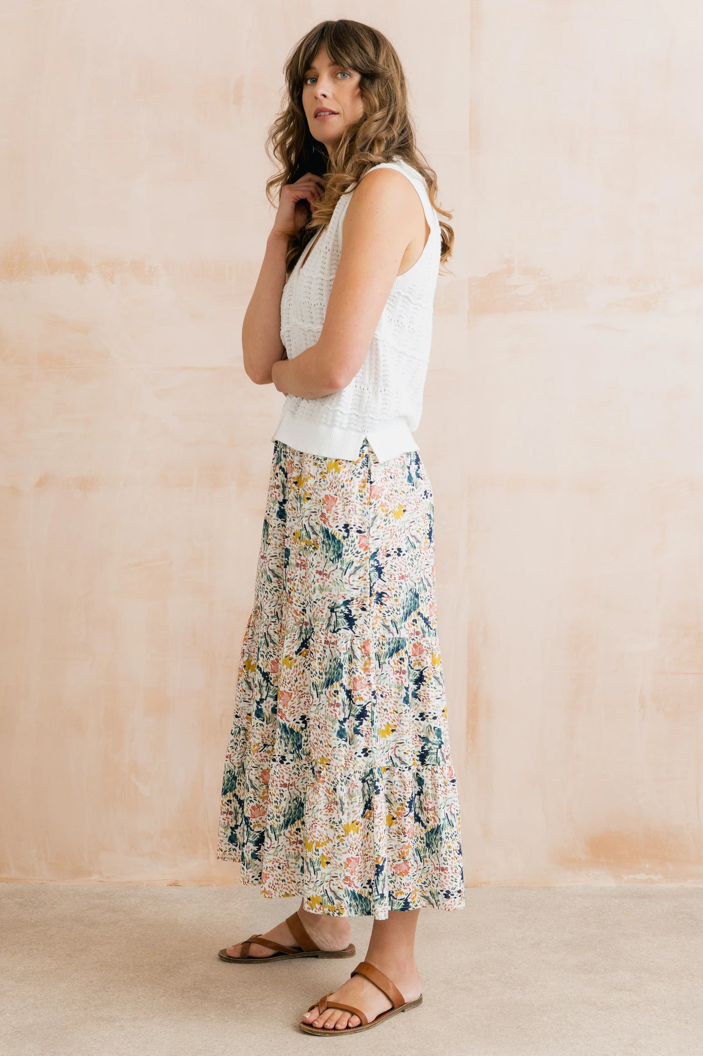Lily & Me | Evie Organic Cotton Ditsy Printed Midi Skirt | Ecru
