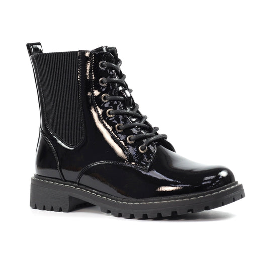 Black patent leather boot with lace-up design on a white background