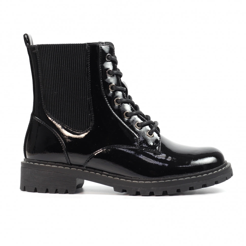Black patent leather boot with a glossy finish on a white background