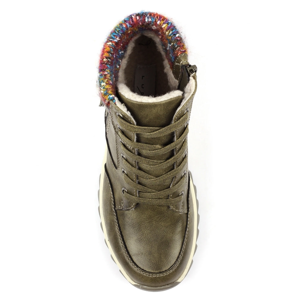 Green boot with colorful fur lining on a white background