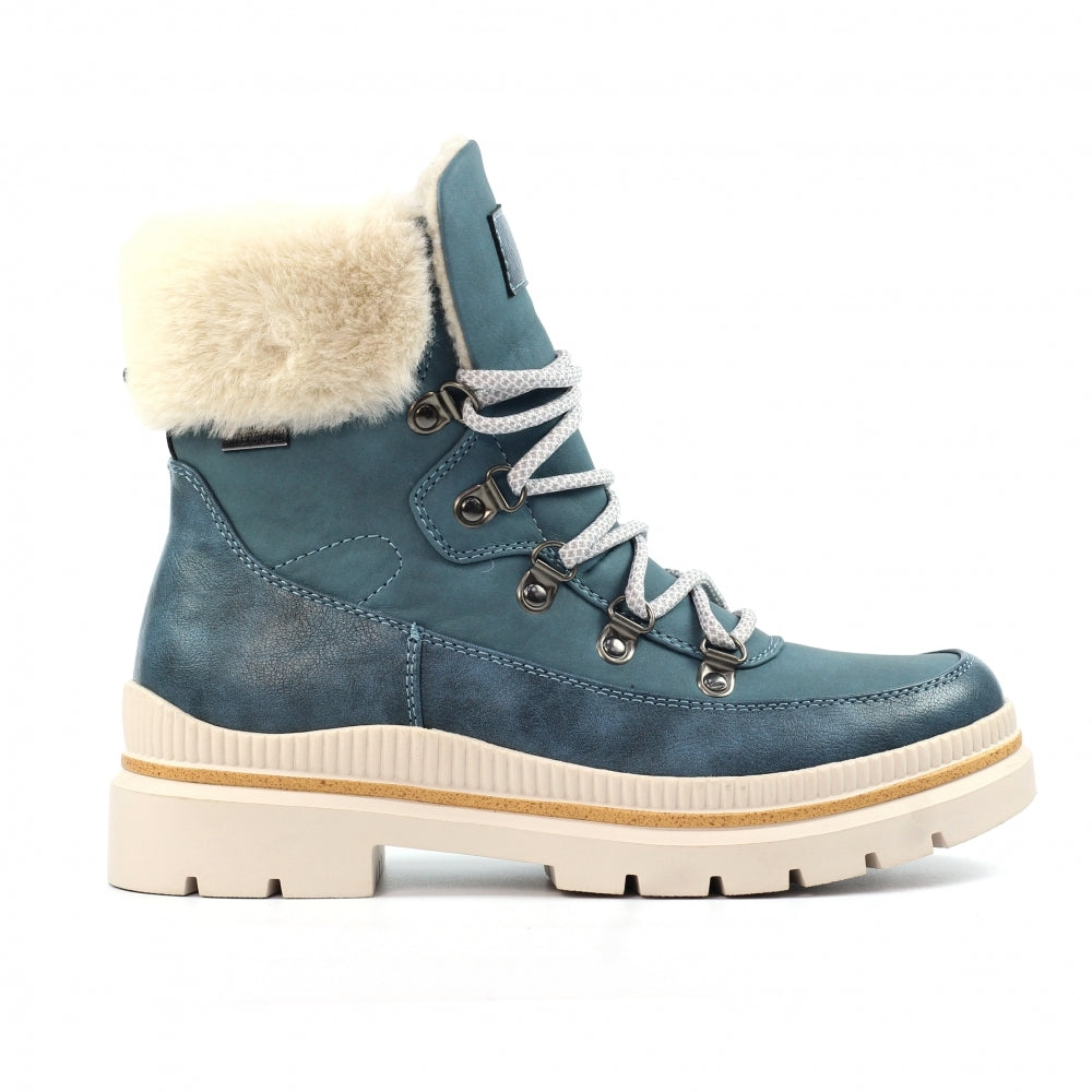 Blue winter boot with white fur lining on a white background