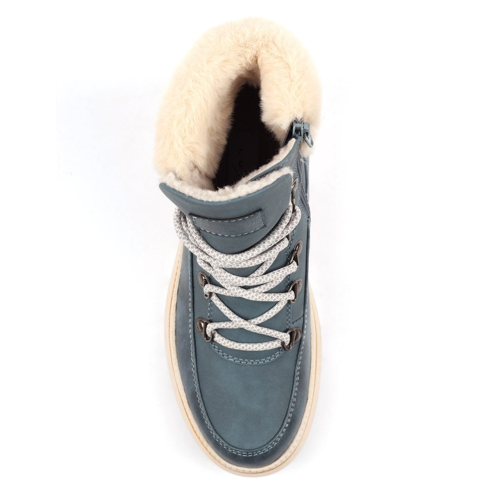 Blue winter boot with white fur lining on a white background