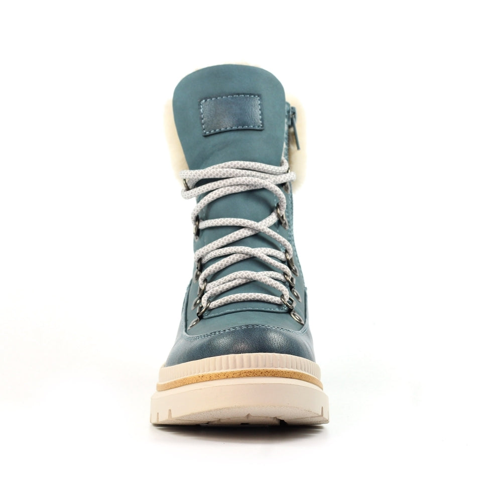 Blue high-top sneaker with white laces on a white background