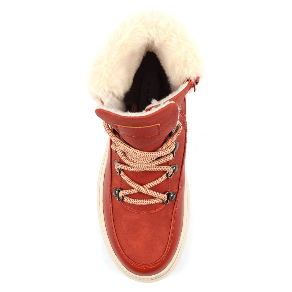 Orange winter boot with white fur lining on a white background