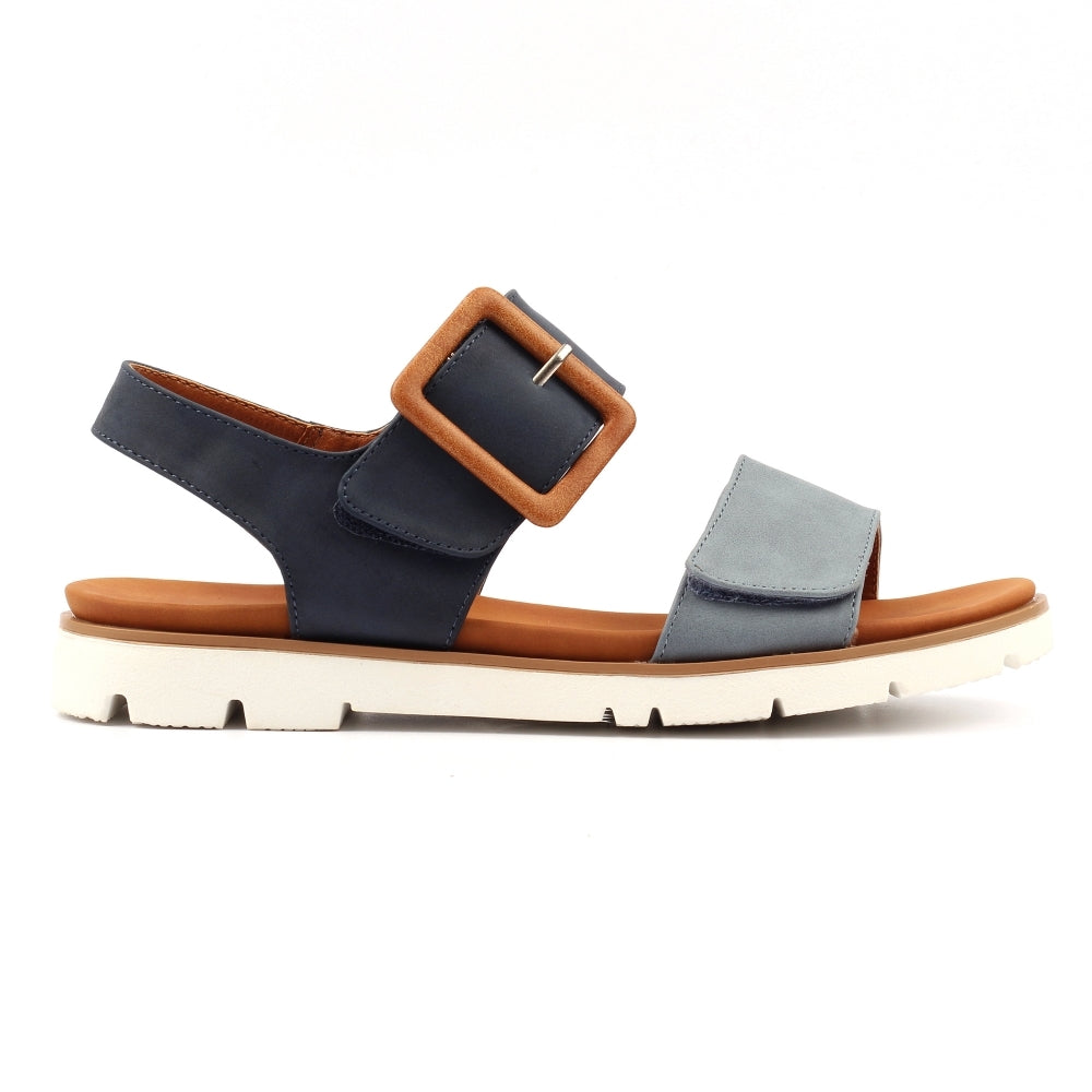 Multicolored sandal with brown buckle on a white background