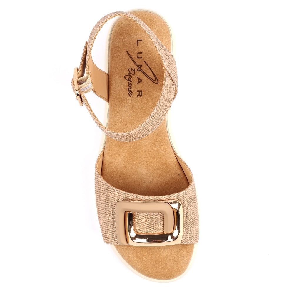 Beige sandal with a gold buckle on a white background