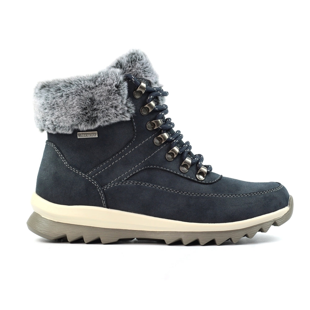 Navy blue winter boot with gray fur lining on a white background