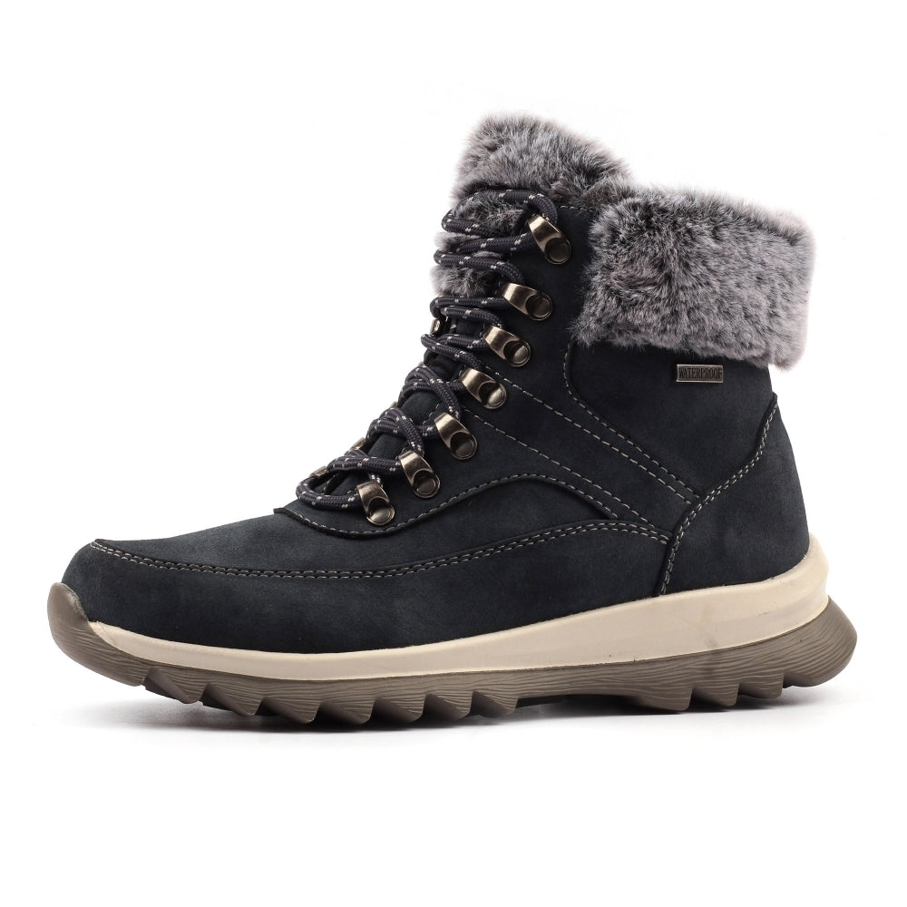 Black winter boot with gray fur lining on a white background