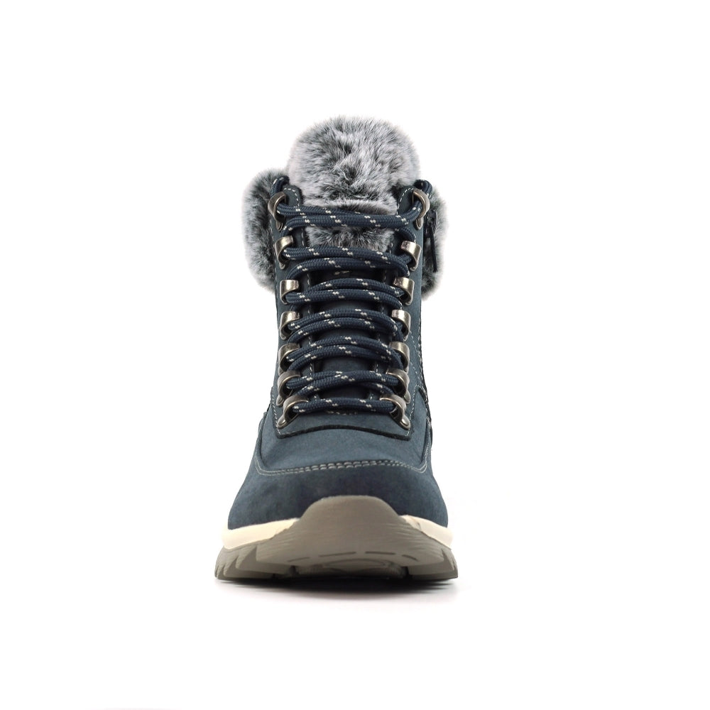 Blue winter boot with fur trim on a white background