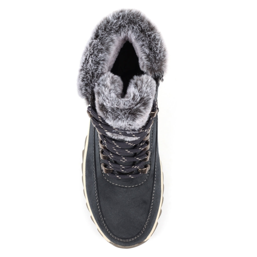 Gray winter boot with fur lining on a white background