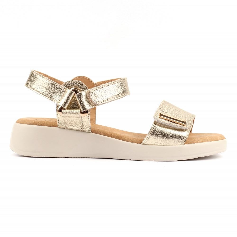 Gold sandal with a white sole on a white background