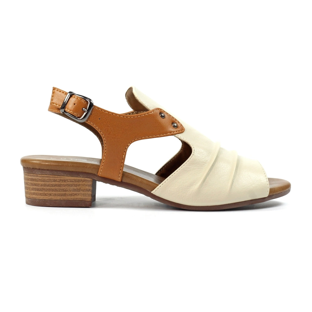 Block heel sandal in beige with tan strap