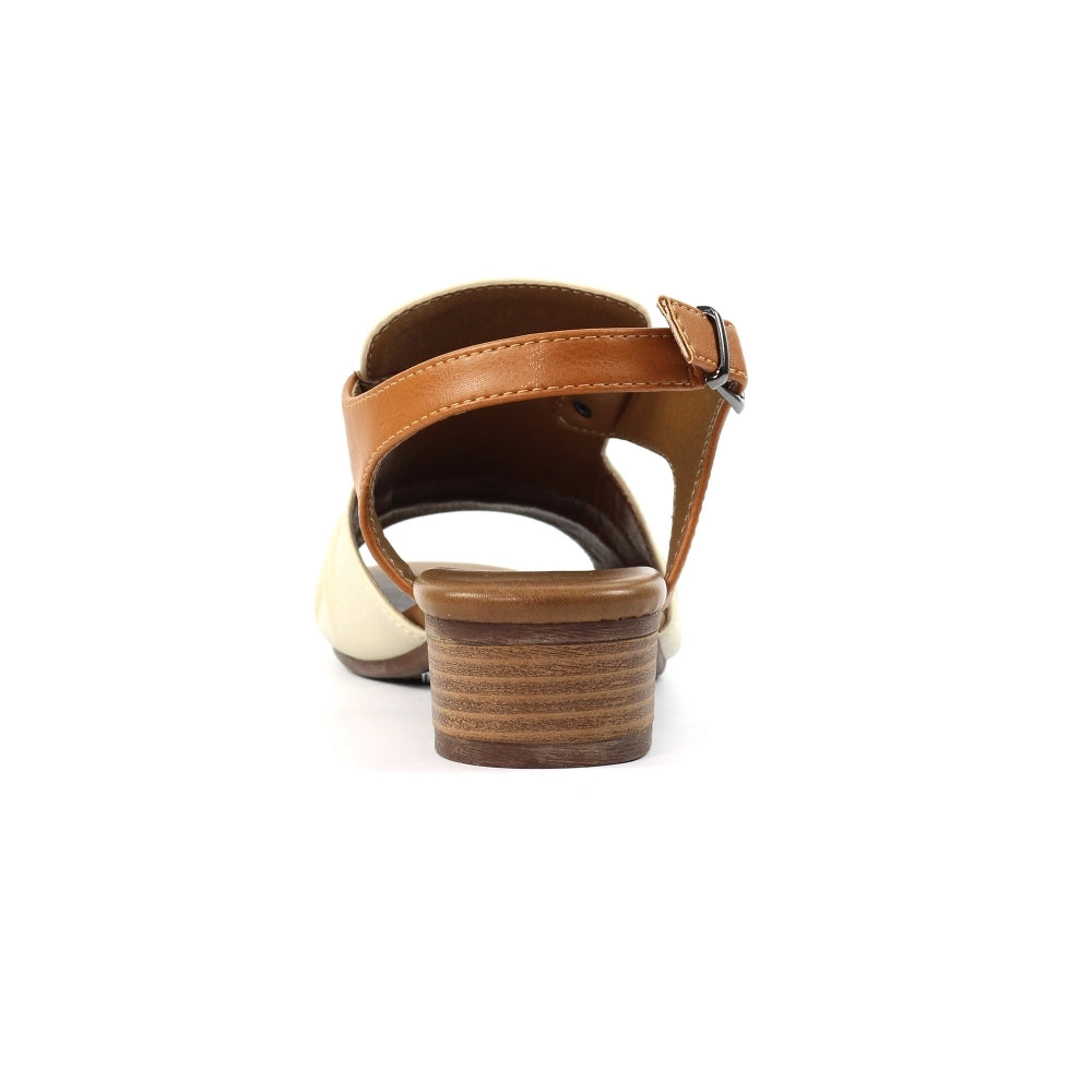 Back view of leather sandal with tan strap