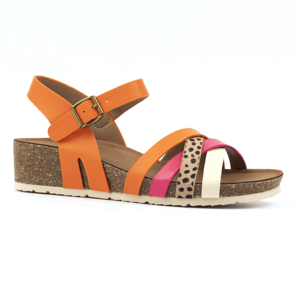 Orange wedge sandal with pink and multicolor straps on a white background
