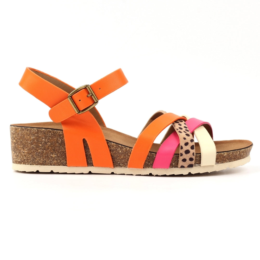 Side view of sandal with orange, pink and animal print straps
