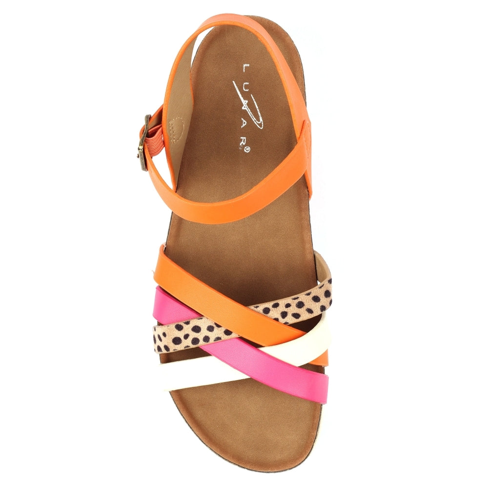 Overhead view of sandal with orange, pink and animal straps