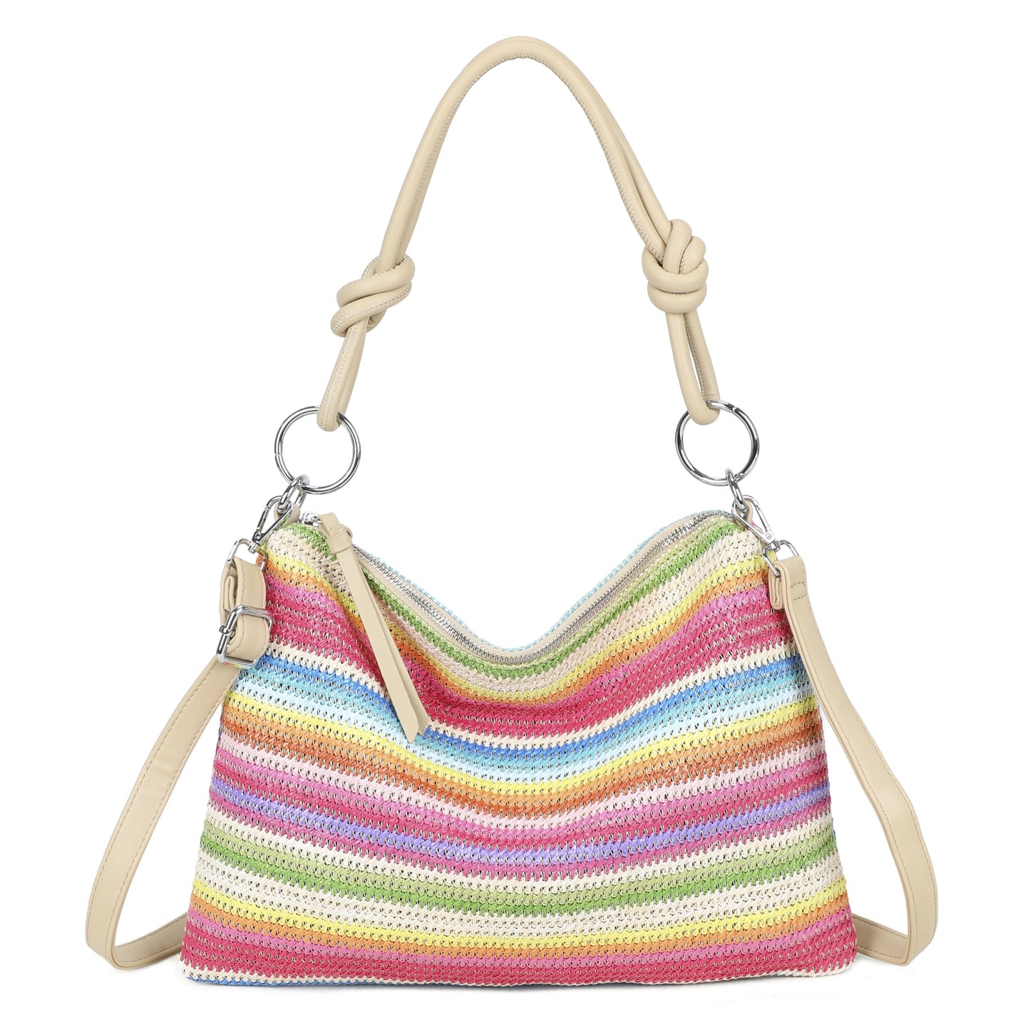 Natural Straw Stripe Shoulder Bag |Bright Rainbow Stripe
