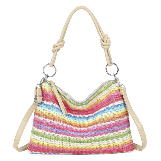 Natural Straw Stripe Shoulder Bag |Bright Rainbow Stripe