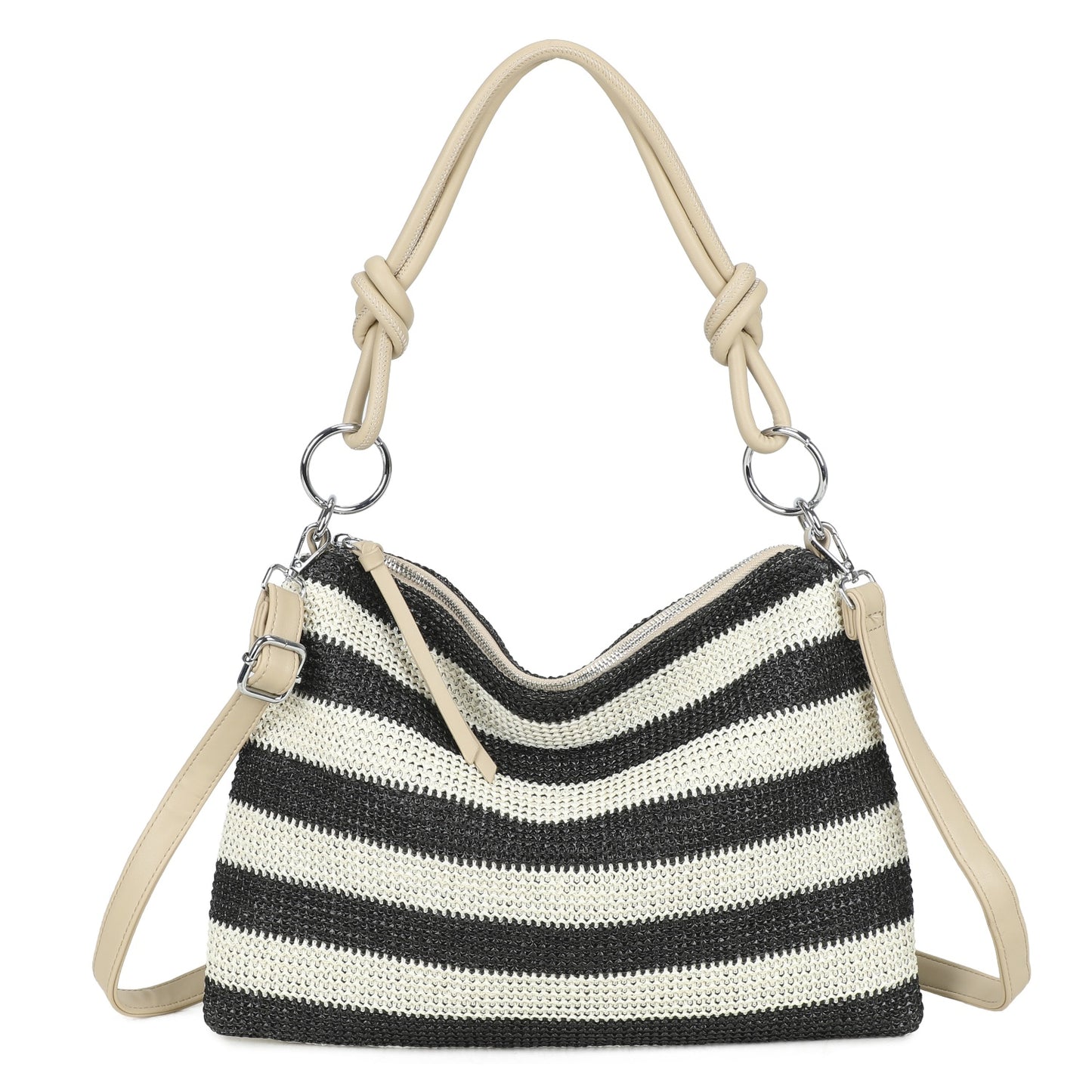 Natural Straw Stripe Shoulder Bag | Black