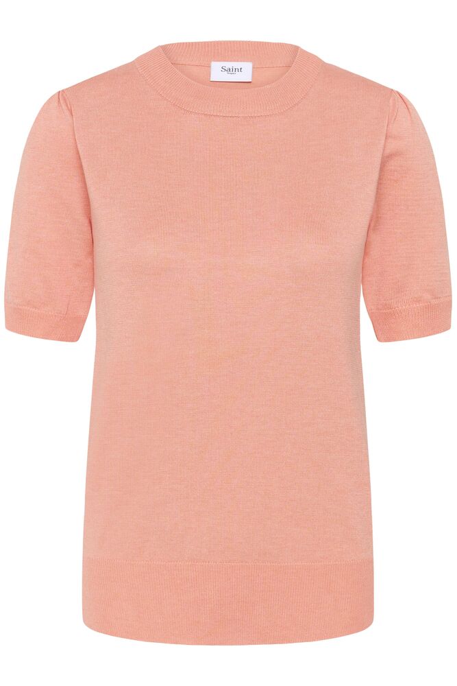 Pink t-shirt with a brand label on a white background