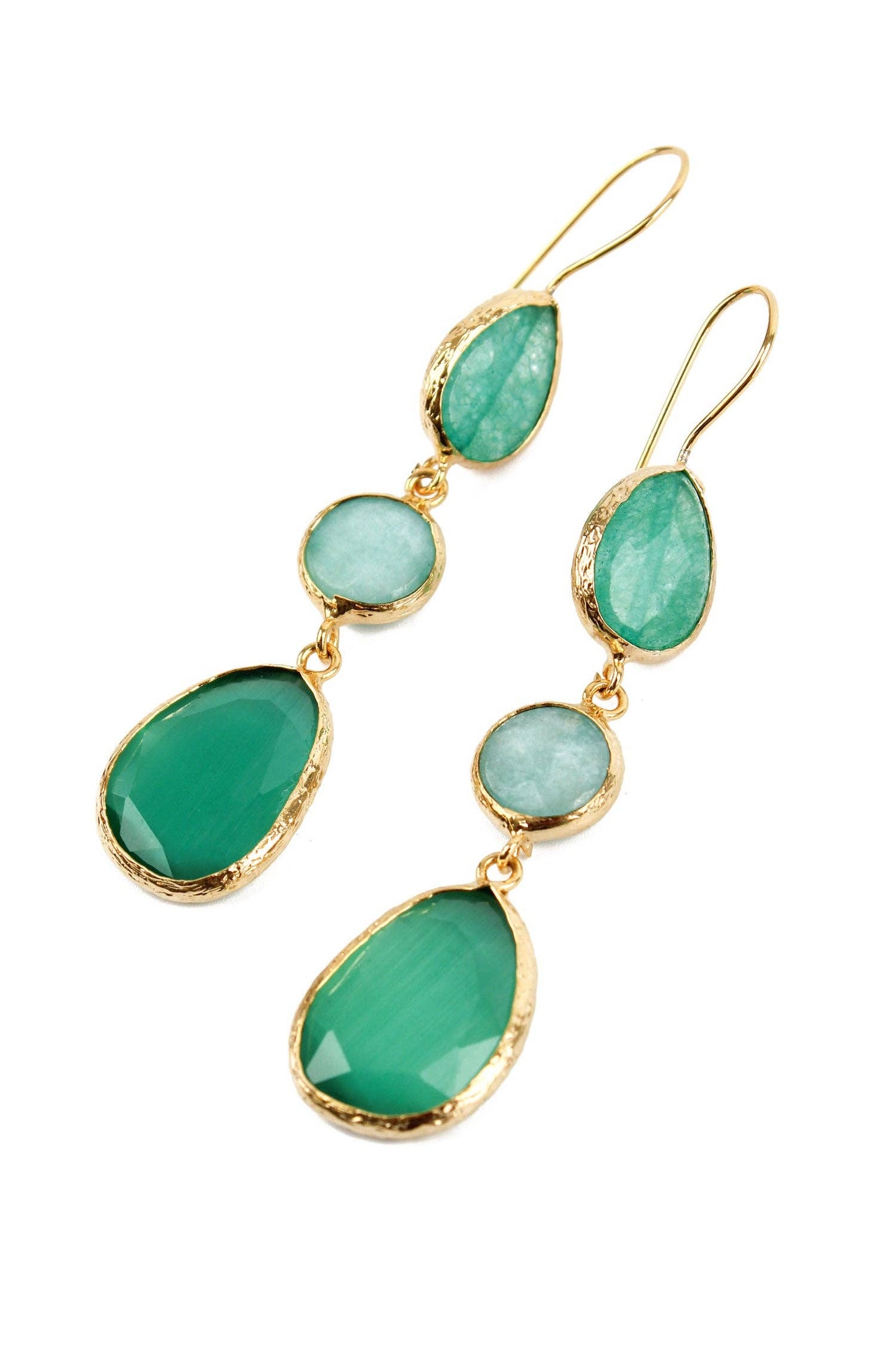 Green teardrop earrings with gold accents on a white background
