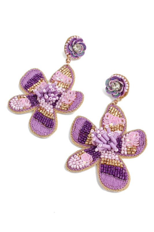 Purple glass bead flower earrings