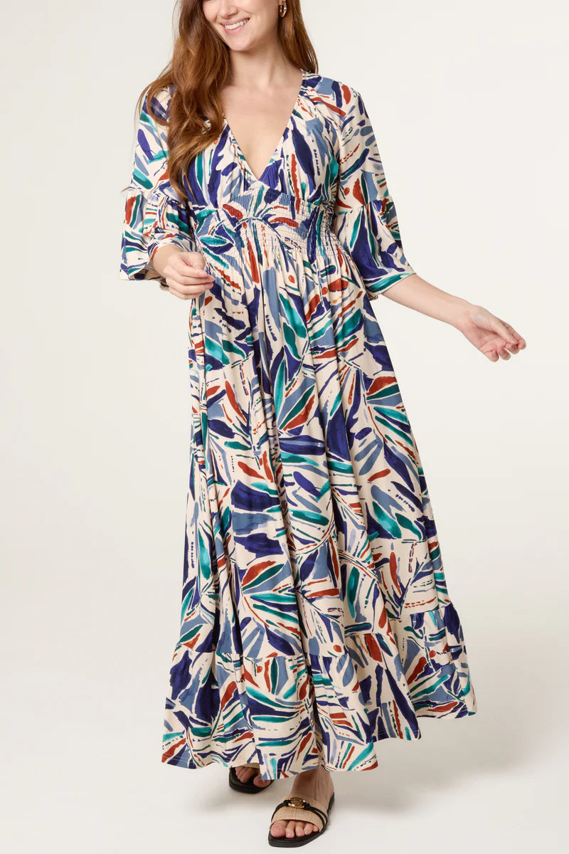 Brushstroke Empire Bust Dress | Cream & Navy