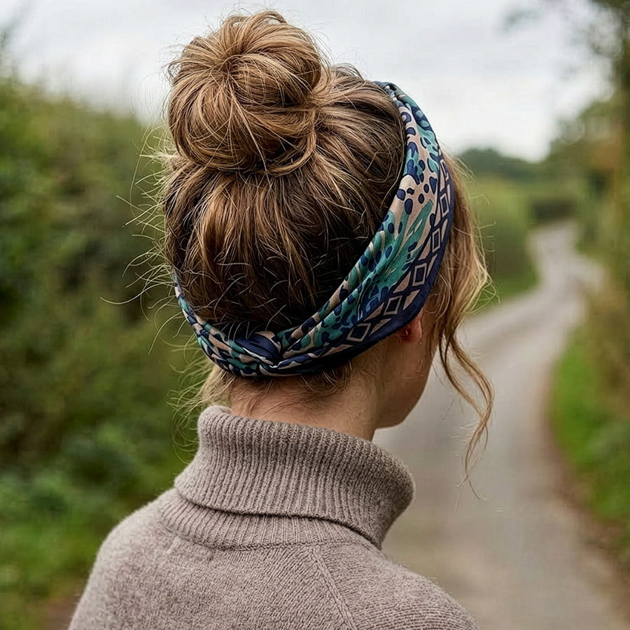 A woman seen from behind wearing a patterned blue and teal hair band with her hair in a bun, standing on a country path.