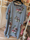 Floral Print Linen Lagenlook Dress/Top - Blue