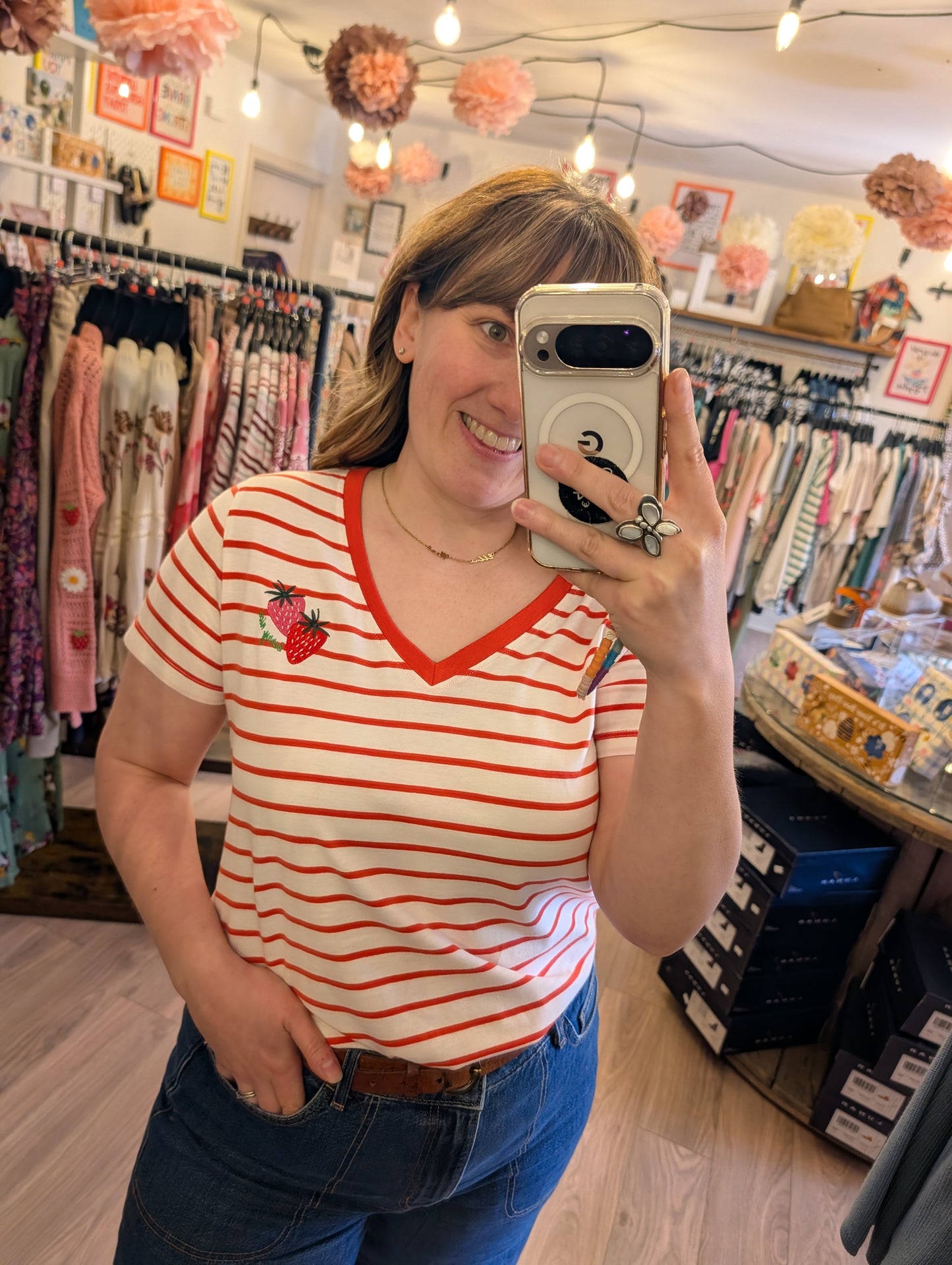 Sugarhill | Khloe V-Neck Strawberry T-Shirt | Red/Off White Stripe
