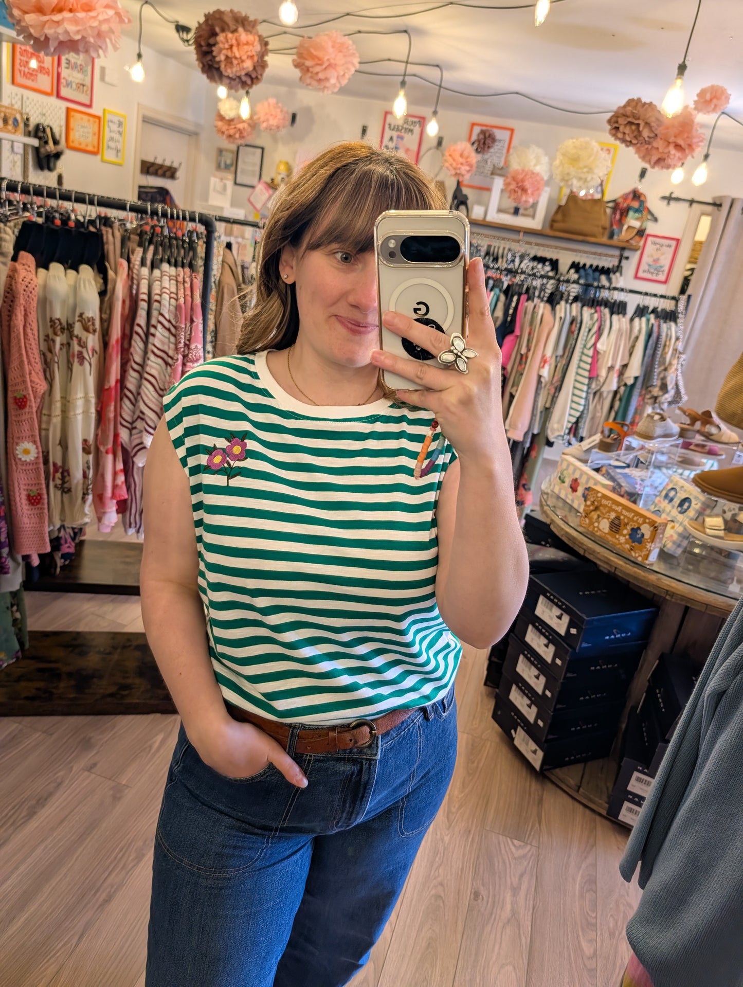 Sugarhill | Chrissy Relaxed Tank T-Shirt | White/Green Stripe