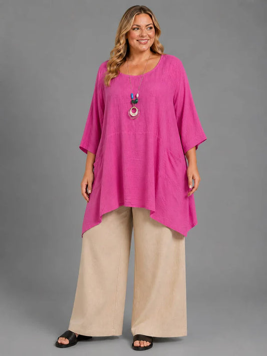 Curve Solid Cotton Lagenlook Pocket Tunic Top | Fucshia