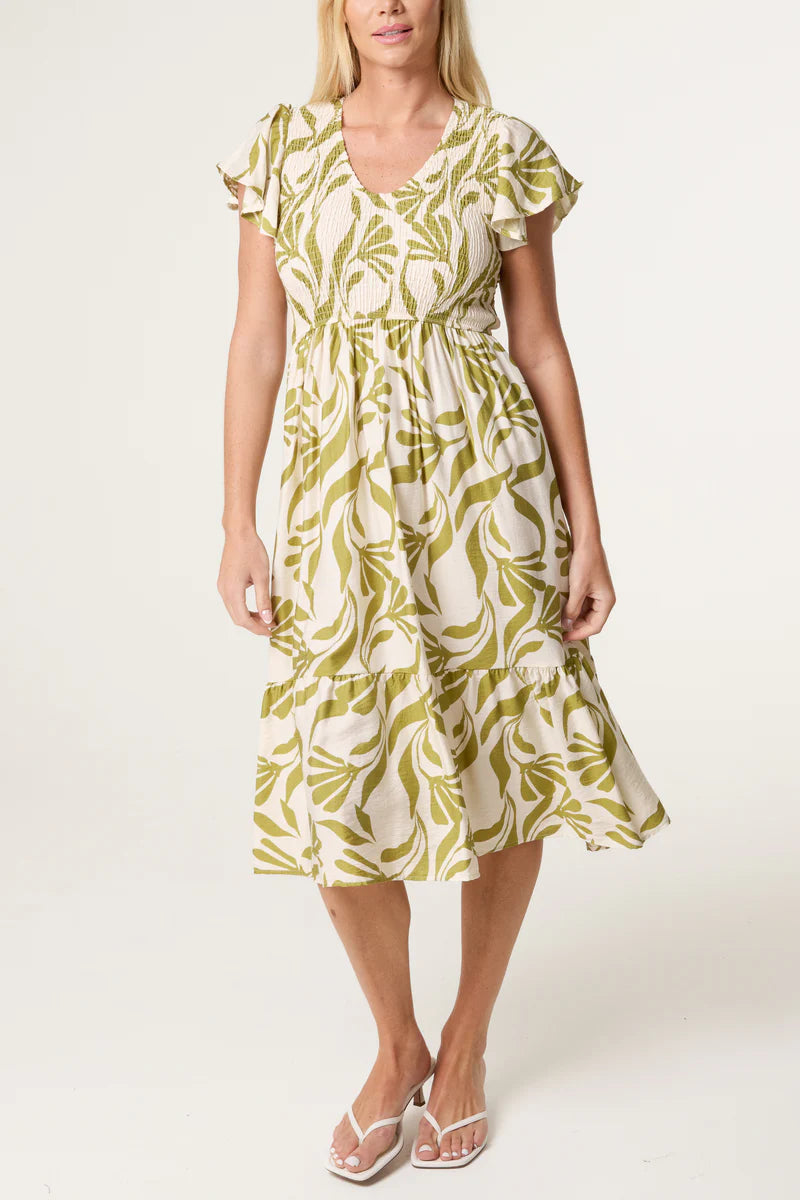 Abstract Leaf Shirred Dress | Green