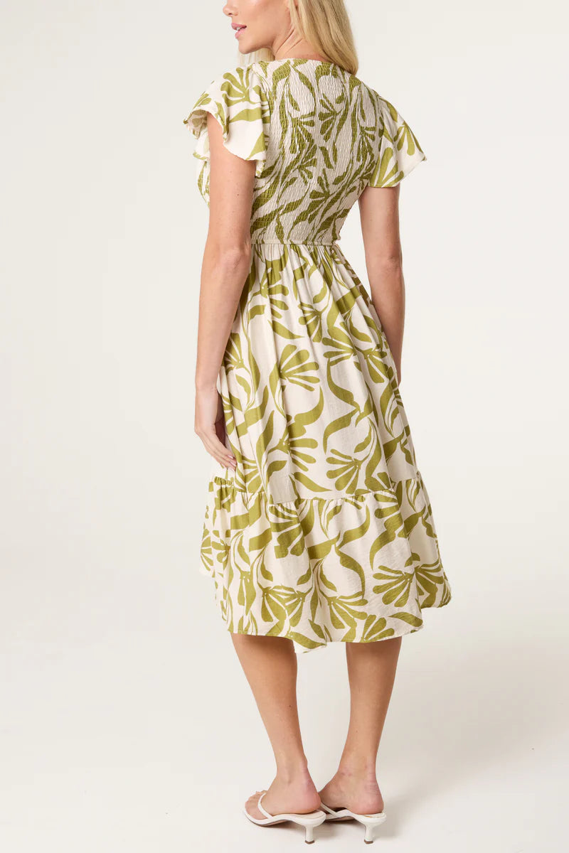 Abstract Leaf Shirred Dress | Green