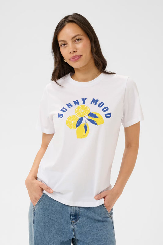 Woman wearing a white t-shirt with 'Sunny Mood' and lemon design on a white background