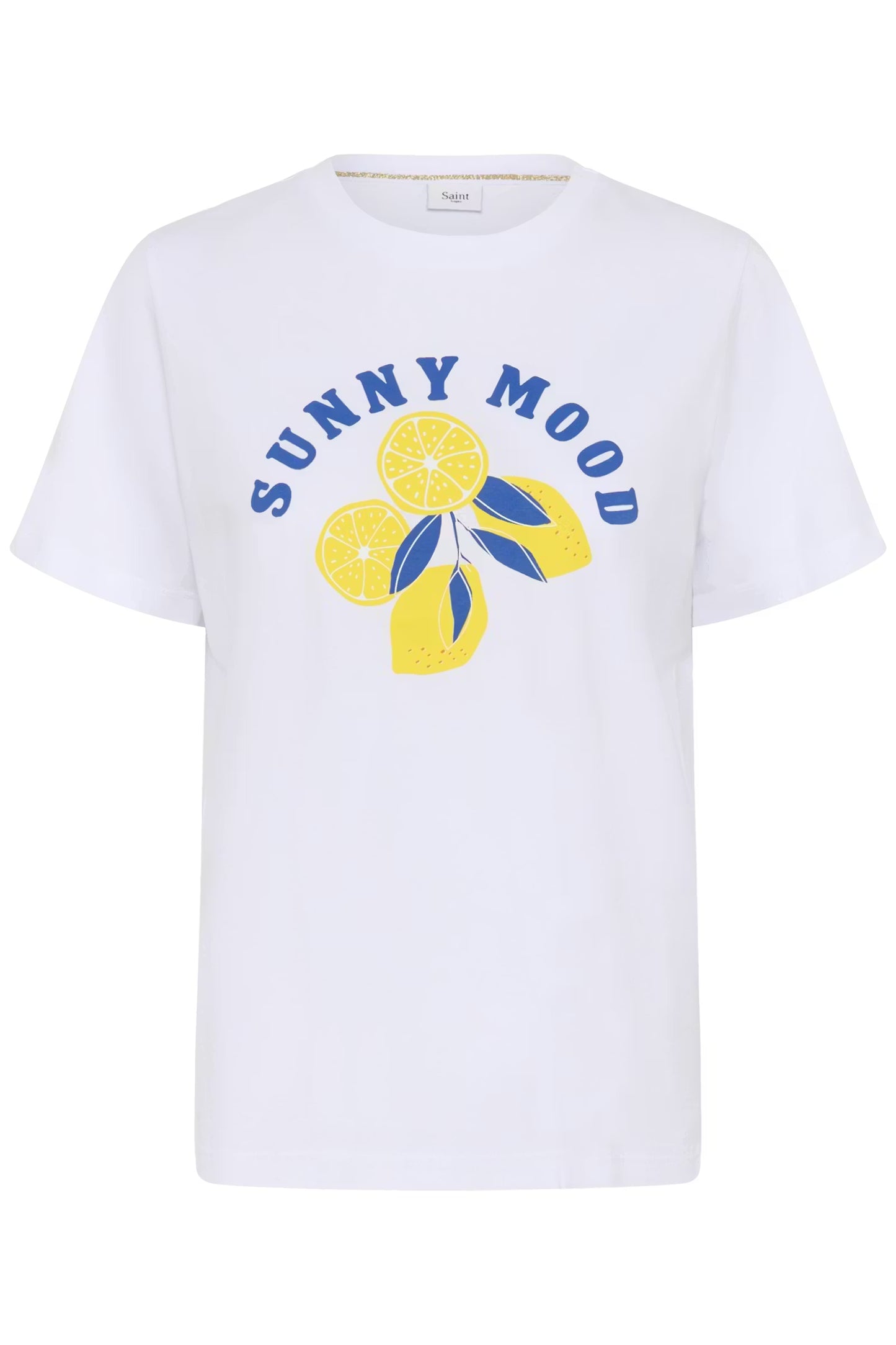 White t-shirt with 'Sunny Mood' and lemon graphic on a white background