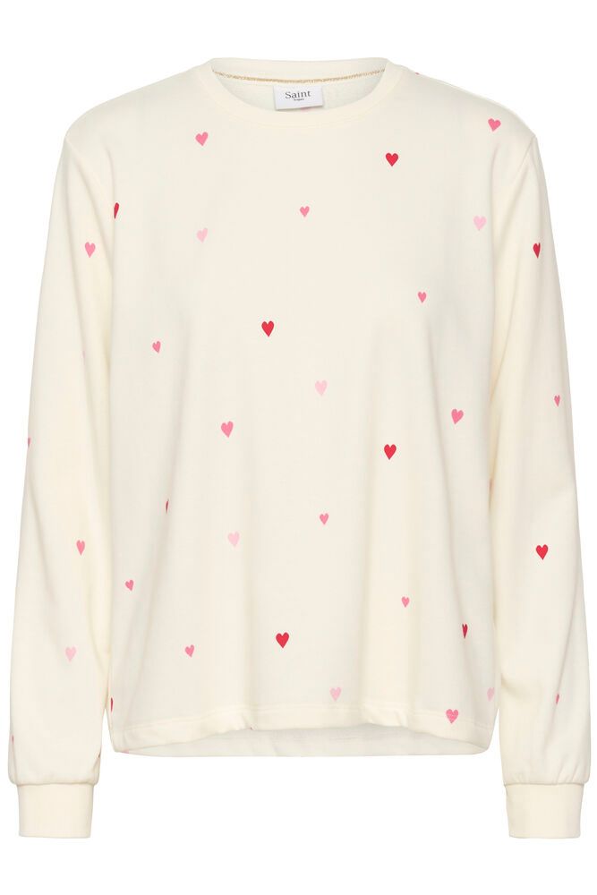 Cream-colored sweater with small red and pink heart patterns on a white background