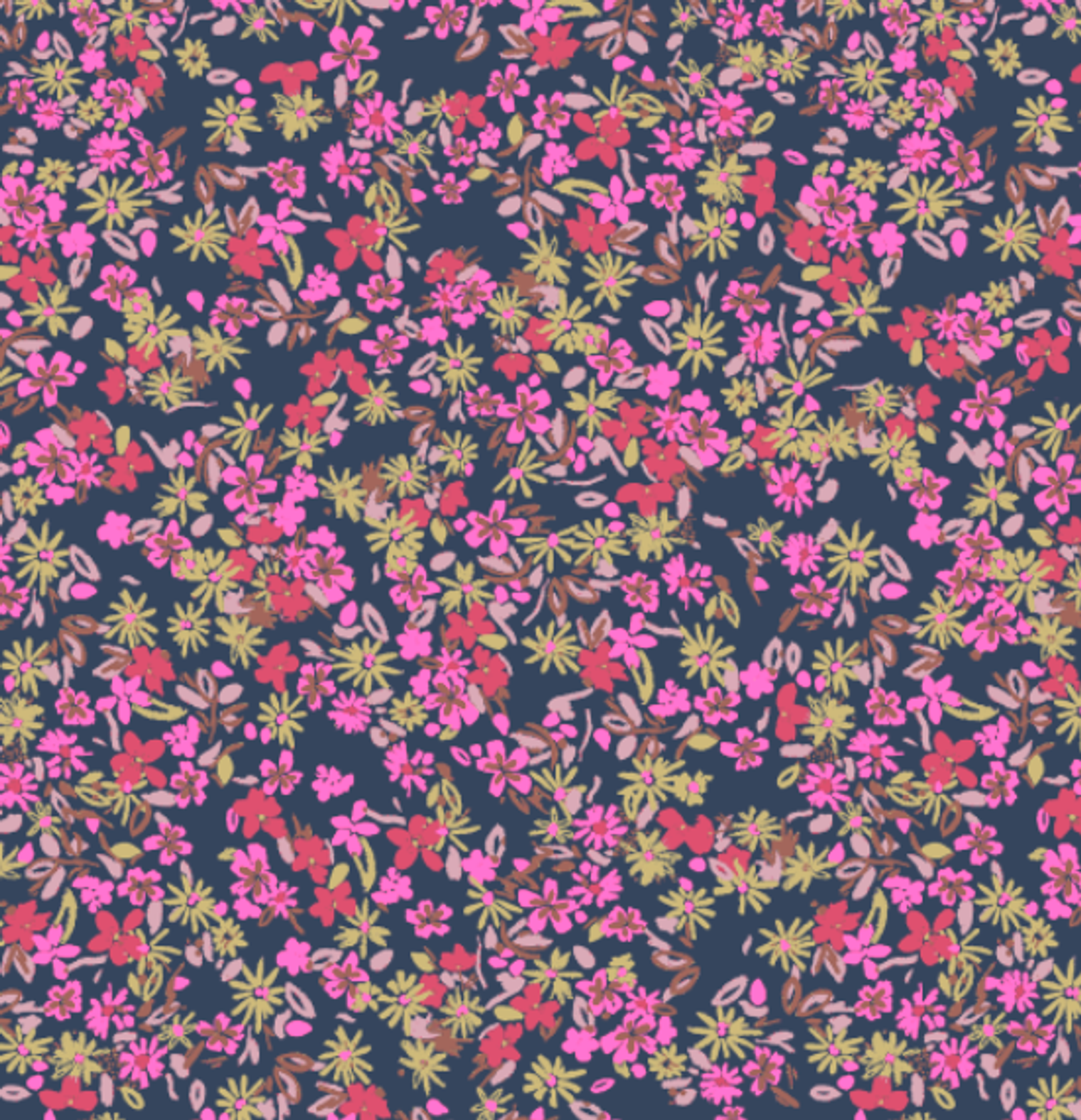 Floral pattern with pink and green flowers on a dark blue background