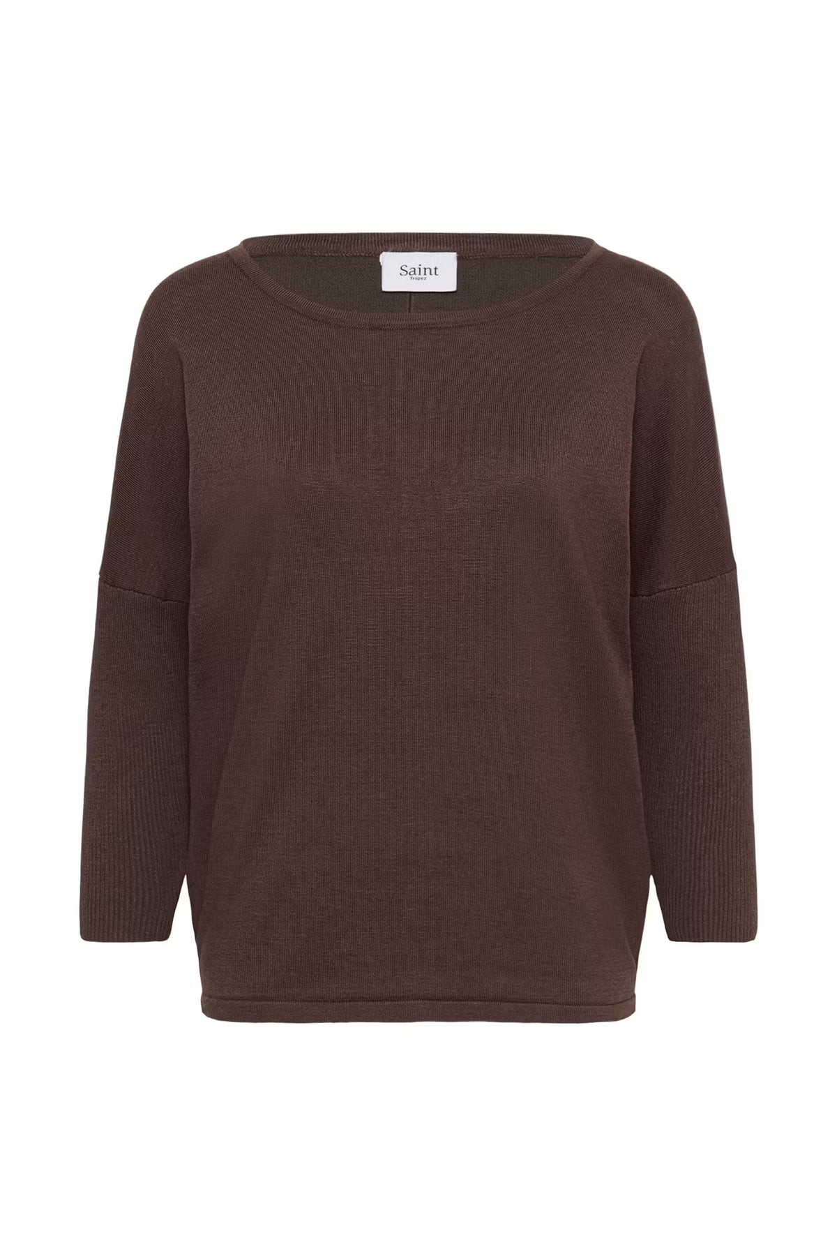 A dark brown knit sweater with a wide boat neckline and long sleeves, featuring a small white brand label at the inner collar that reads 'Saint'. The sweater is displayed against a clean white background.