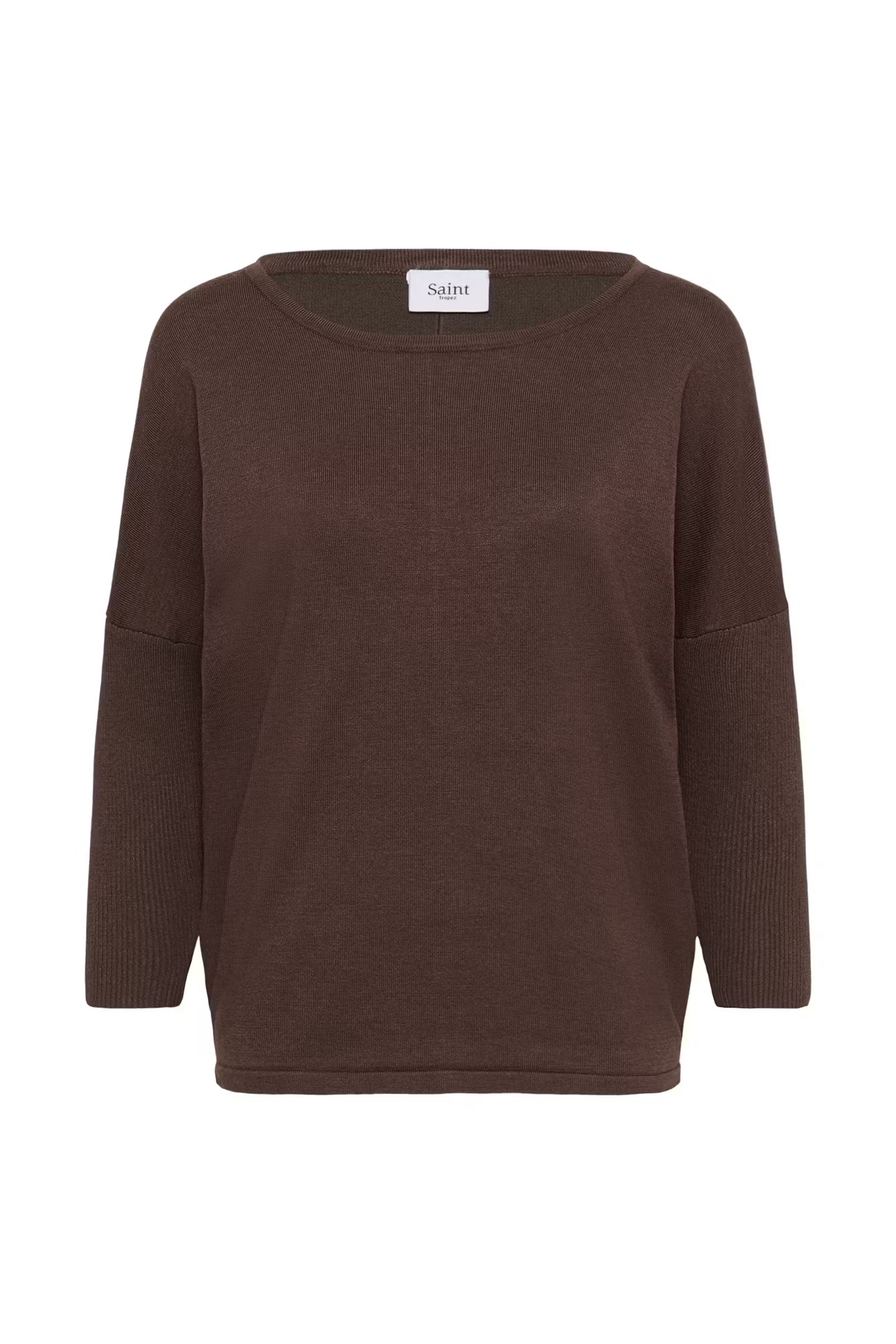 A dark brown knit sweater with a wide boat neckline and long sleeves, featuring a small white brand label at the inner collar that reads 'Saint'. The sweater is displayed against a clean white background.
