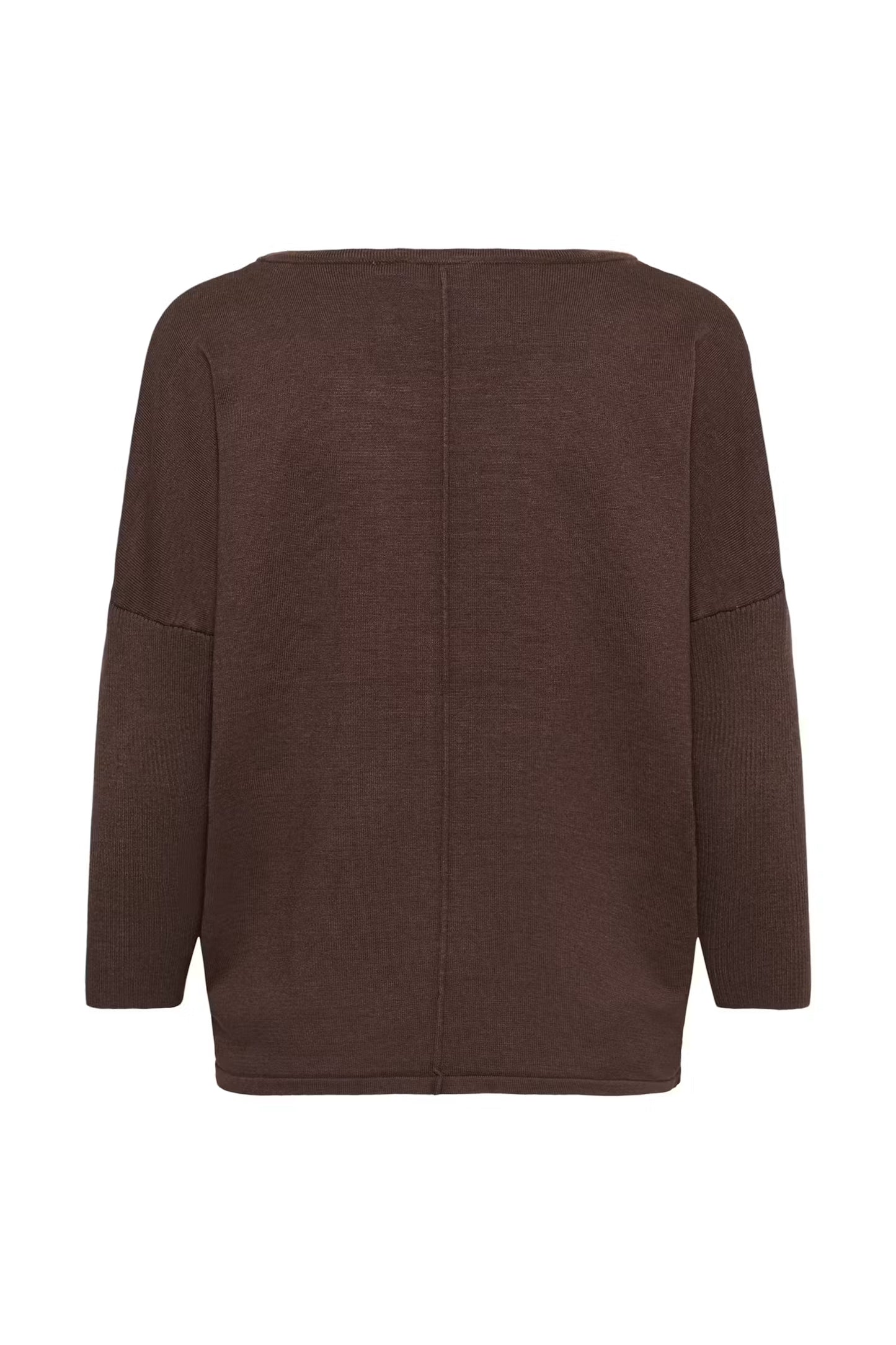 A dark brown knit sweater with a wide crew neck and long sleeves, shown from the back on a plain white background.
