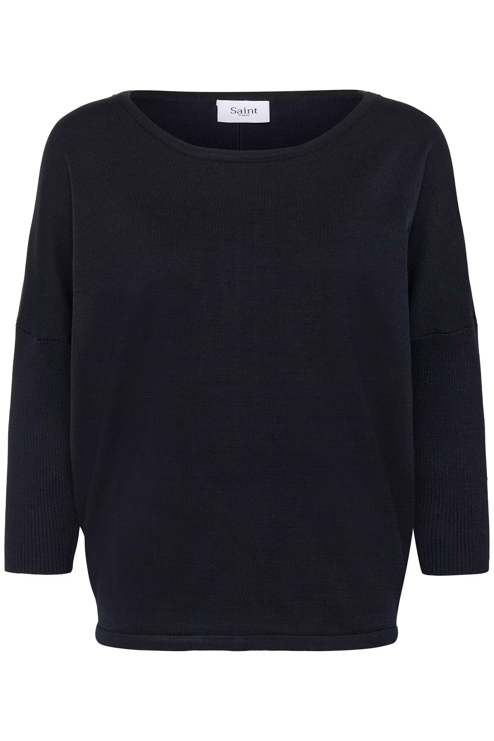 A dark navy blue knit sweater with a wide boat neckline and three-quarter sleeves, shown against a plain white background.